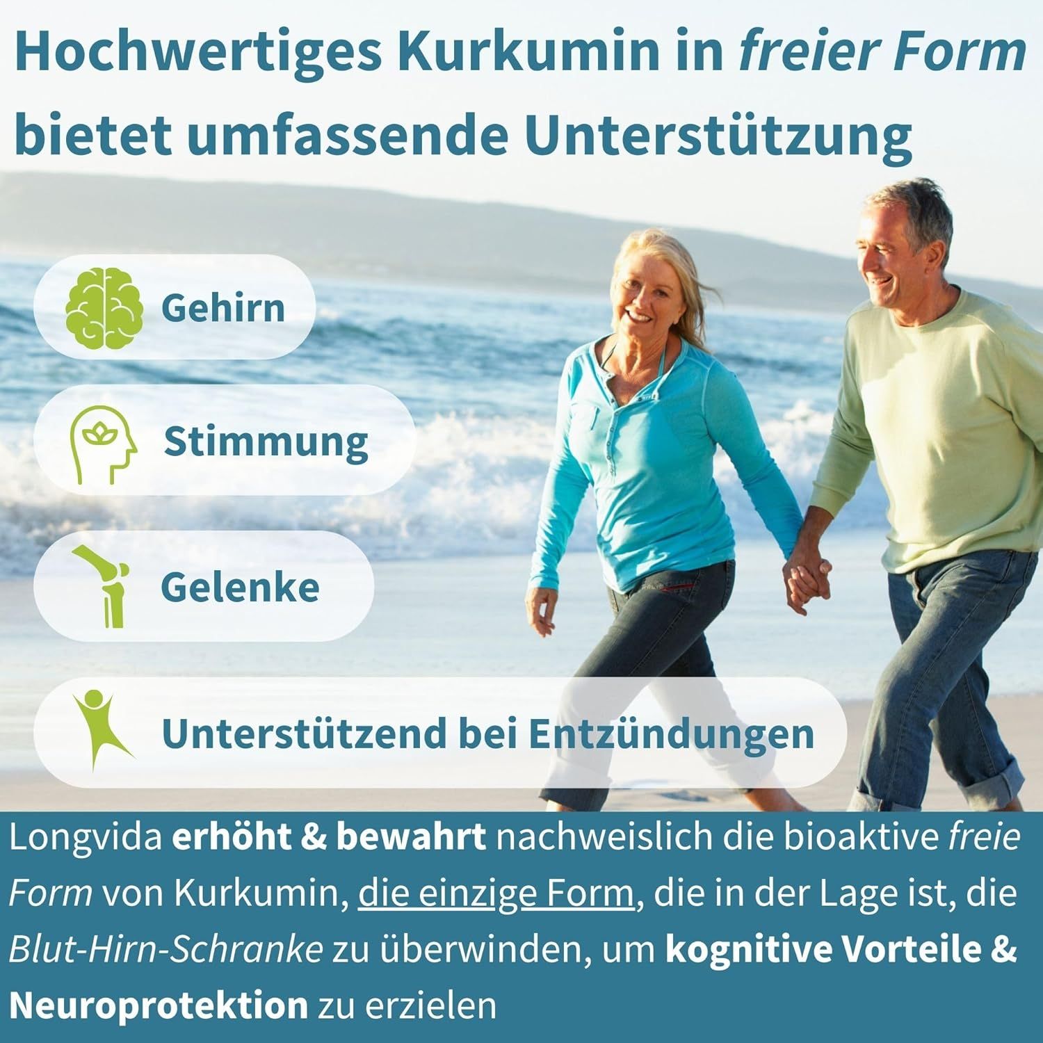 Coppia di anziani che cammina sulla spiaggia. Testo: La curcumina di alta qualità in forma libera offre un supporto completo.