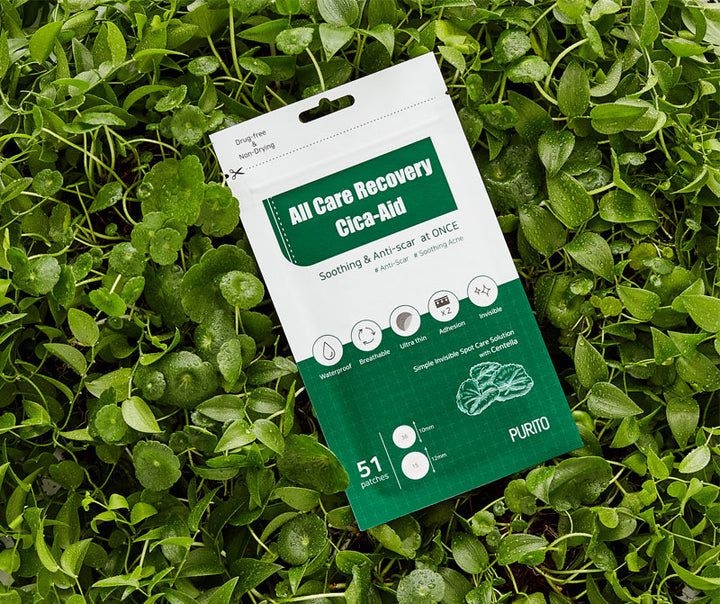 Confezione verde e bianca con 51 cerotti su foglie. Scritta: All Care Recovery Cica-Aid. Marchio: PURITO. Cerotti rotondi, 10mm e 12mm.