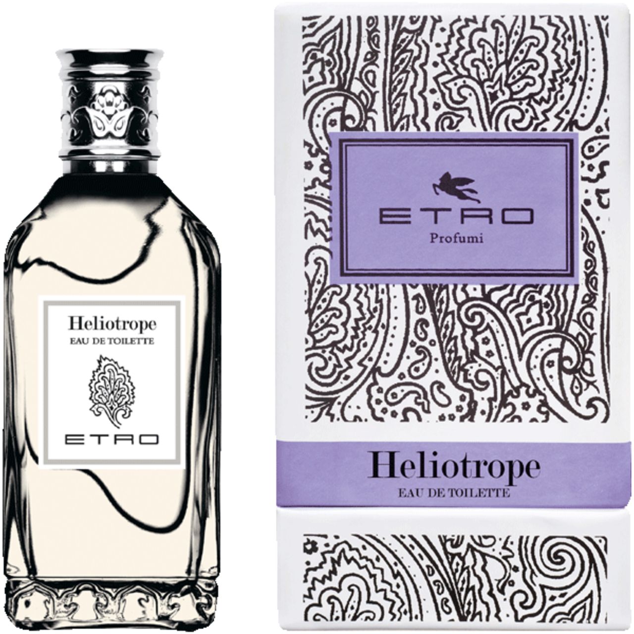 Flacone Heliotrope Eau de Toilette e confezione. Flacone con etichetta bianca. Confezione con logo e testo.