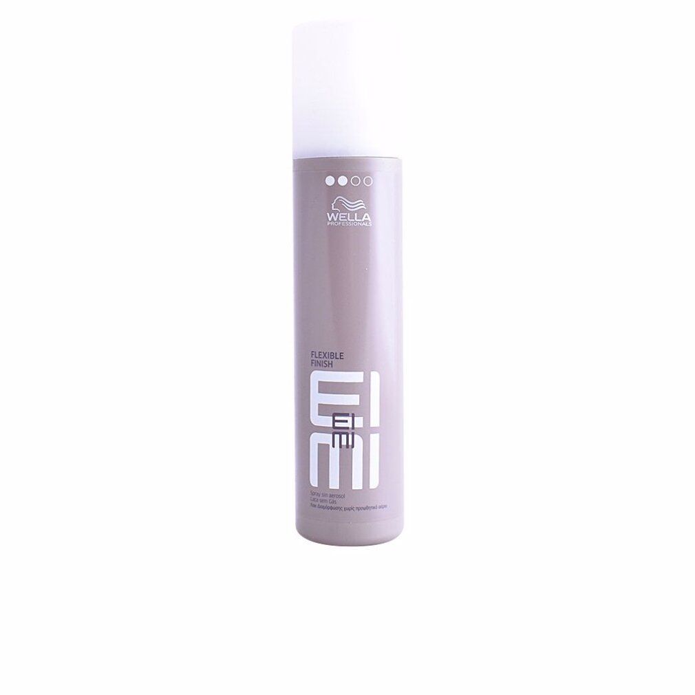 Flacone spray per capelli. Cilindrico, grigio-viola con tappo bianco. Scritte: Wella, Eimi, Flexible Finish.