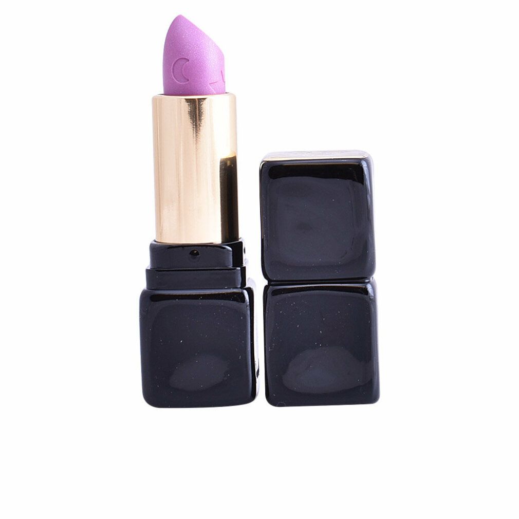 Rossetto lilla con astuccio dorato e custodia nera quadrata. Marchio Guerlain, scritta KissKiss.