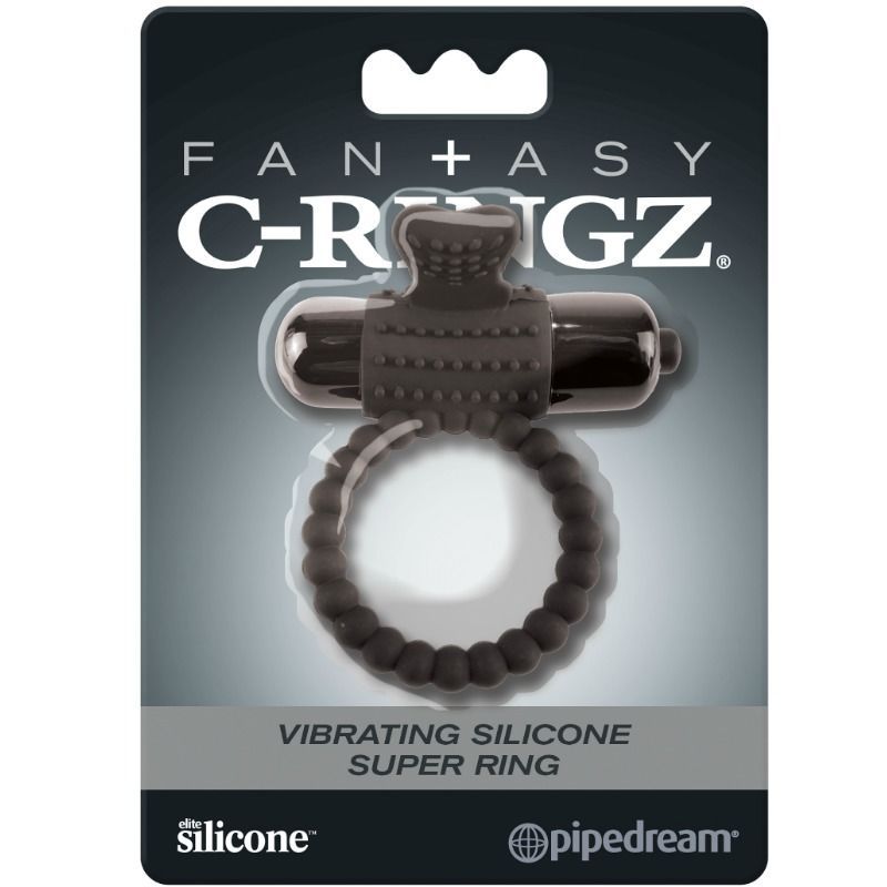Anello vibrante in silicone nero con bottoni e un vibratore allungato.