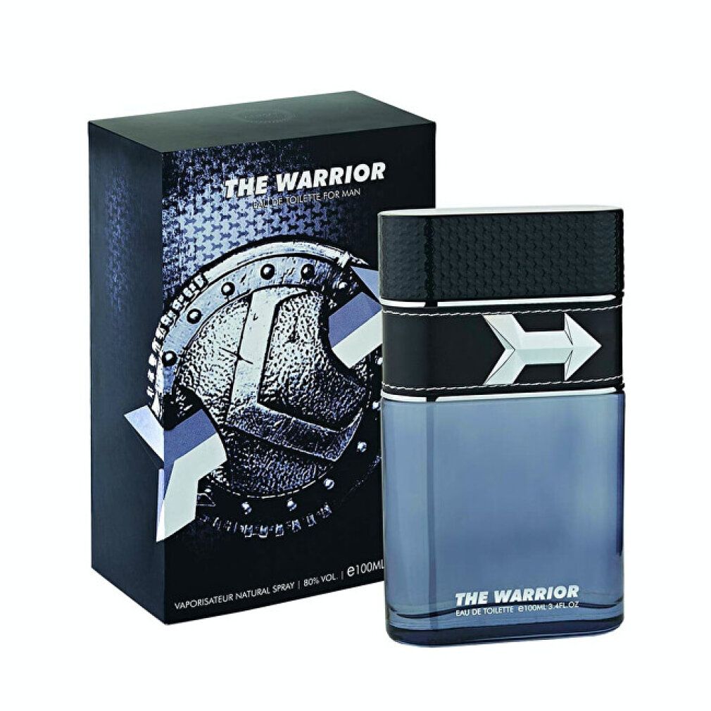 Flacone e confezione. Flacone con design freccia argentata. Confezione nera con design argento. Testo: THE WARRIOR, Eau de Toilette.