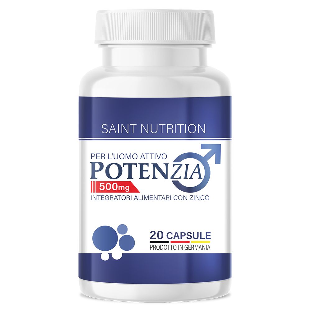 Flacone di pillole bianco con etichetta blu. Scritta: Saint Nutrition, Potenzia, 500mg, 20 capsule. Per l'uomo attivo.