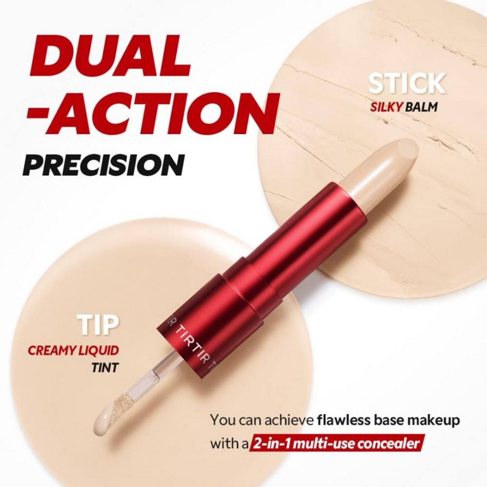 Correttore due in uno. Contenitore rosso con applicatore e stick. Testo: Dual-Action Precision, Stick Silky Balm, Tip Creamy Liquid Tint.