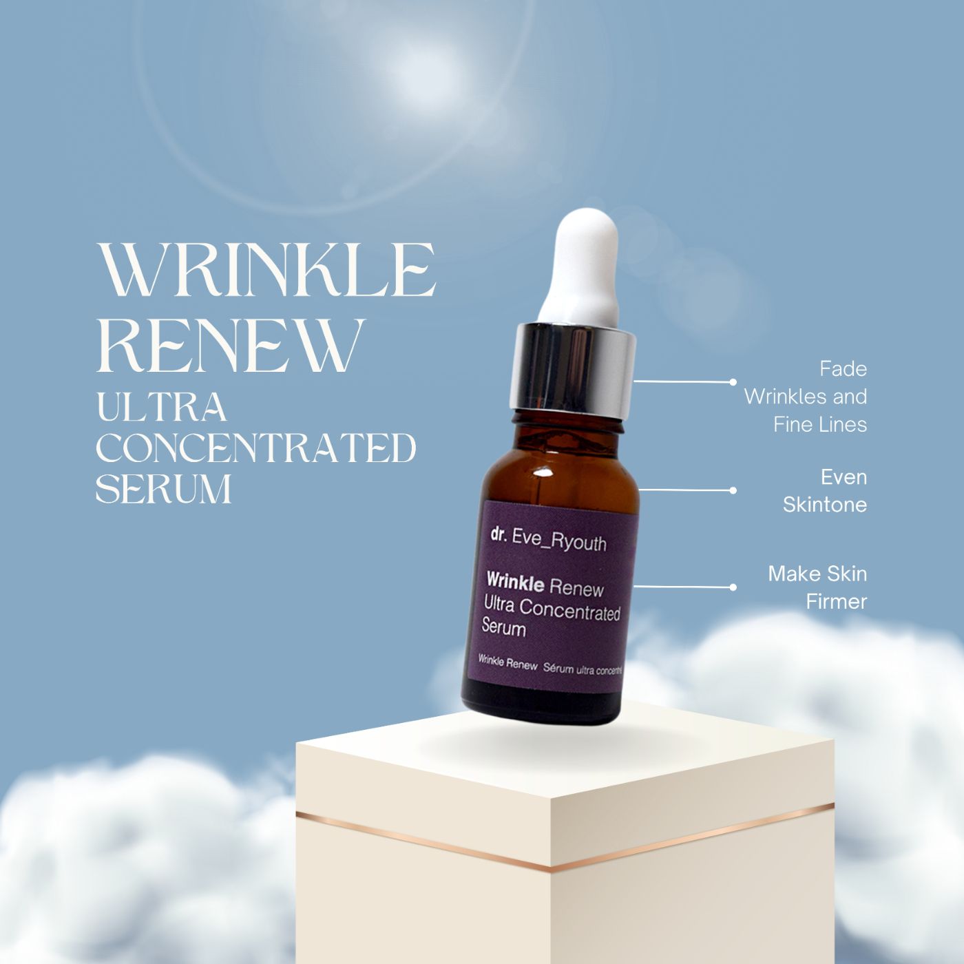 Flacone Dr. Eve_Ryouth Wrinkle Renew Ultra Concentrated Serum fluttua davanti a un cielo blu con nuvole. Il testo evidenzia i benefici.