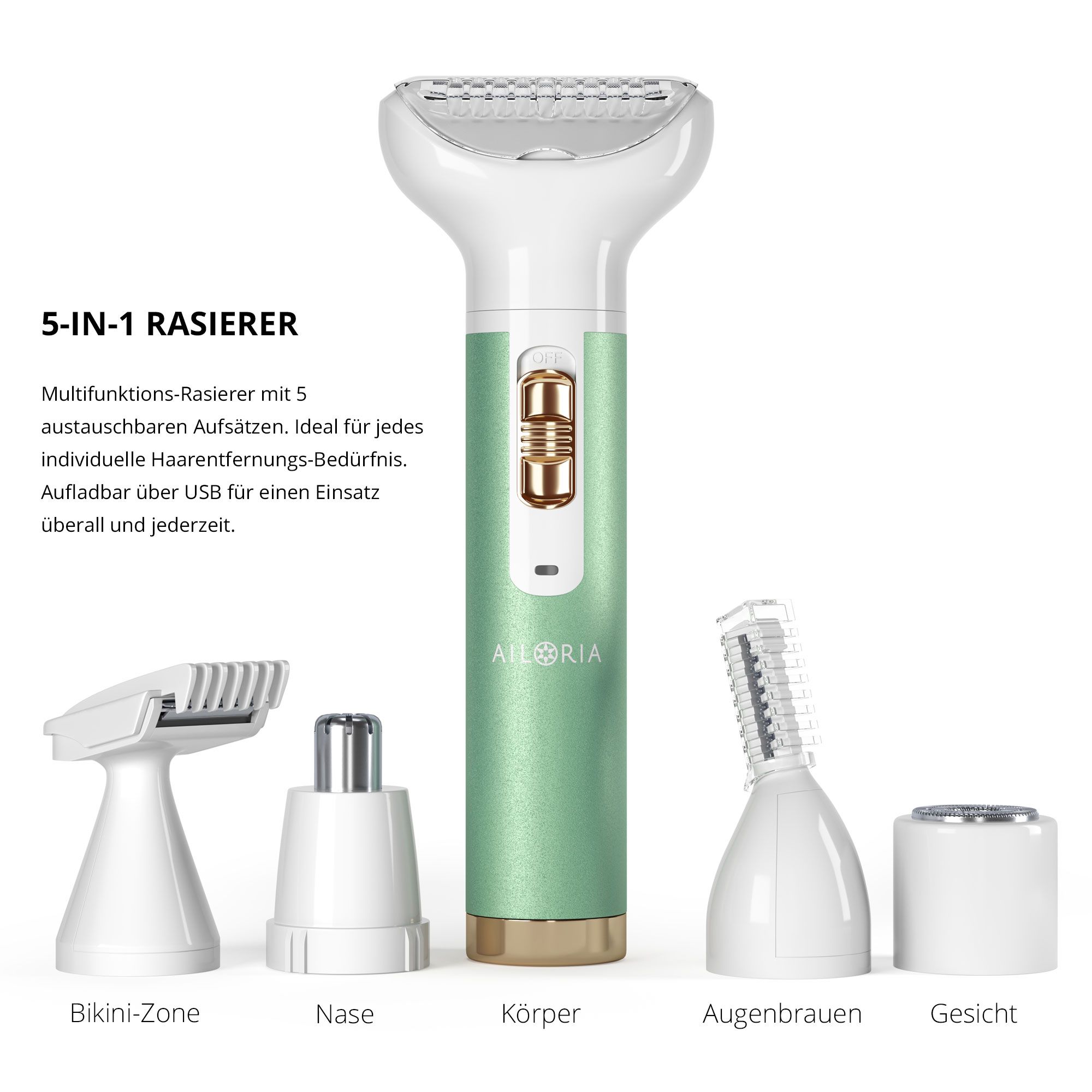 Rasoio con 4 accessori. Logo AILORIA. Design verde e bianco. Accessori per diverse zone.
