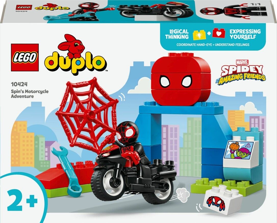 Set LEGO Duplo. Moto, ragnatela, personaggio, edificio. Confezione con logo, età consigliata 2+.
