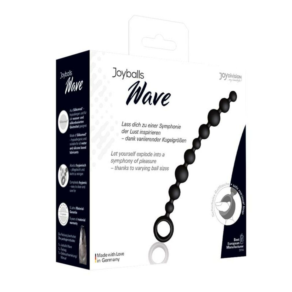 Confezione Joyballs Wave. Contiene una catena di perle nere. Testo: Joyballs Wave, Made with Love in Germany.
