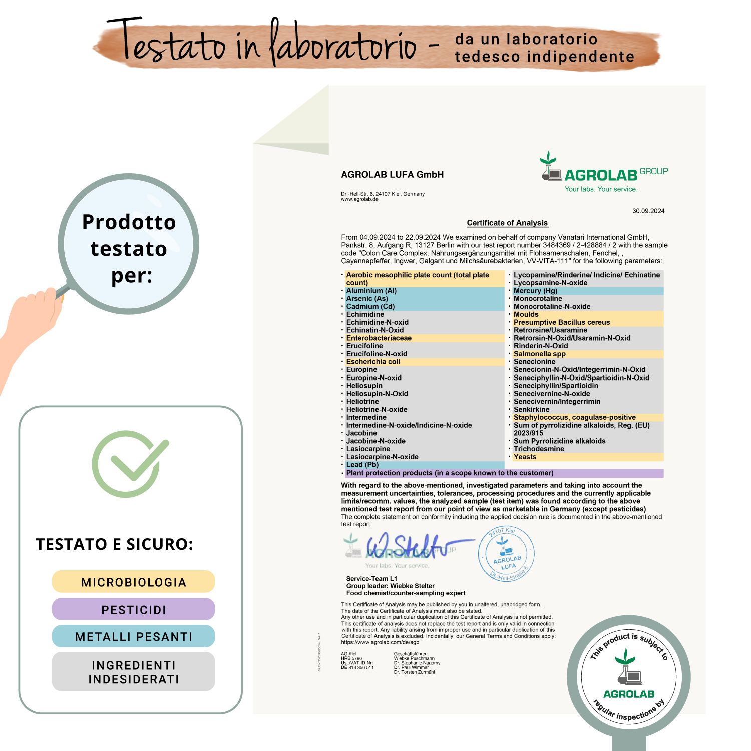 Rapporto di laboratorio con risultati dei test. Scritta: AGROLAB. Testato per microbiologia, pesticidi, metalli pesanti, ingredienti indesiderati.