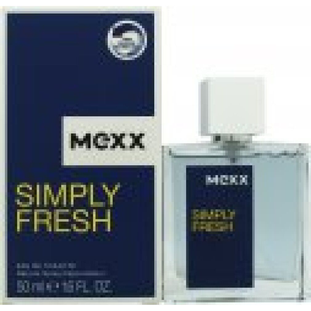 Mexx Simply Fresh Eau de Toilette Spray. Flacone e confezione. Confezione blu e bianca con nome del prodotto. Flacone trasparente con tappo bianco.