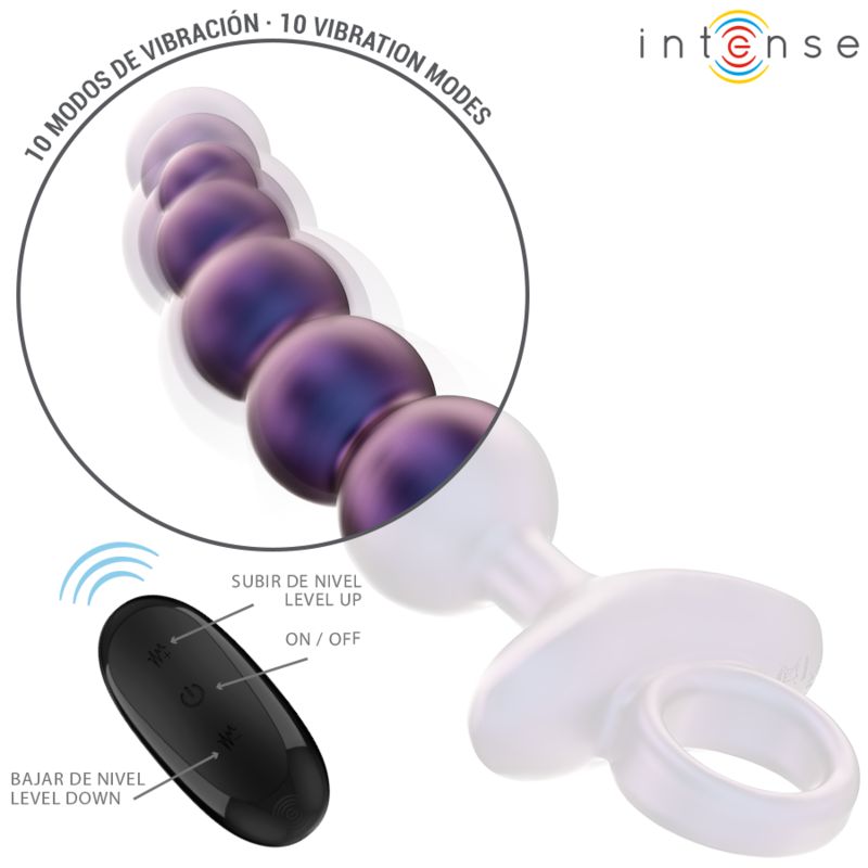 Plug anale viola con telecomando. 10 modalità di vibrazione. Marchio Intense.
