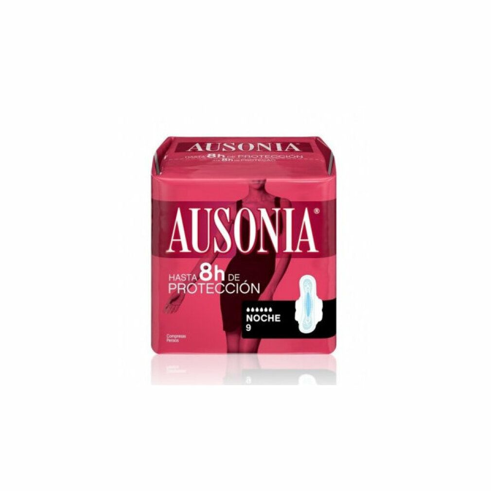 Confezione di assorbenti AUSONIA Notte. Confezione rossa con immagine del prodotto, scritta 'AUSONIA' e 'Notte'. Contiene 9 pezzi.
