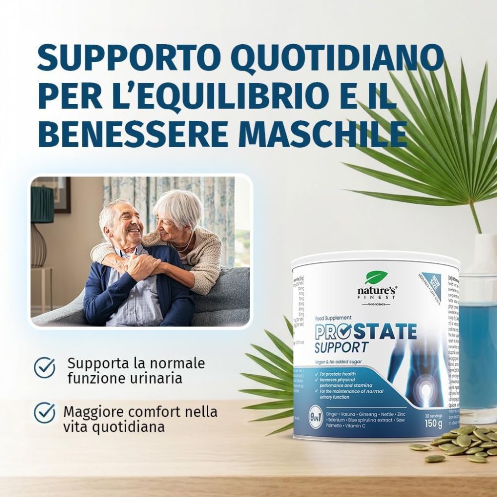 Barattolo Nature's Finest Prostate Support, con coppia anziana, icone per funzione urinaria, comfort.