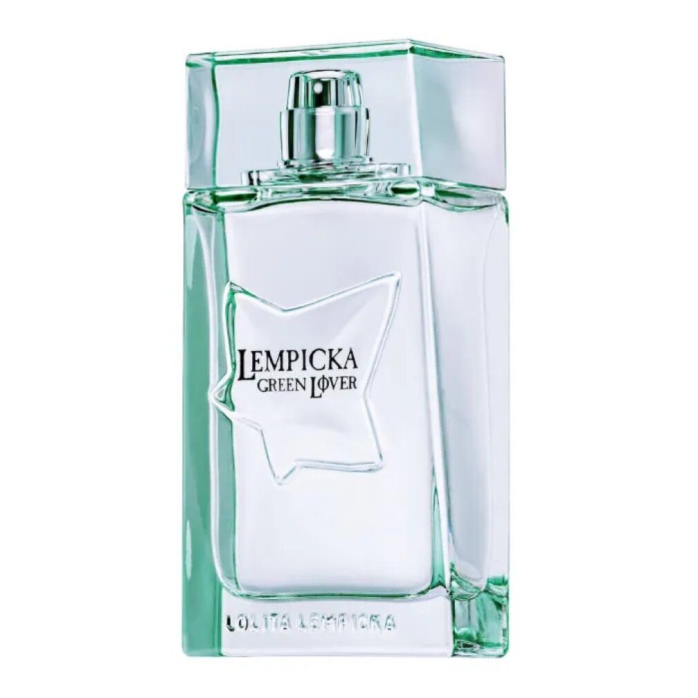 Flacone rettangolare con tappo verde. Scritta: LEMPICKA GREEN LOVER. Design a forma di stella sul flacone.