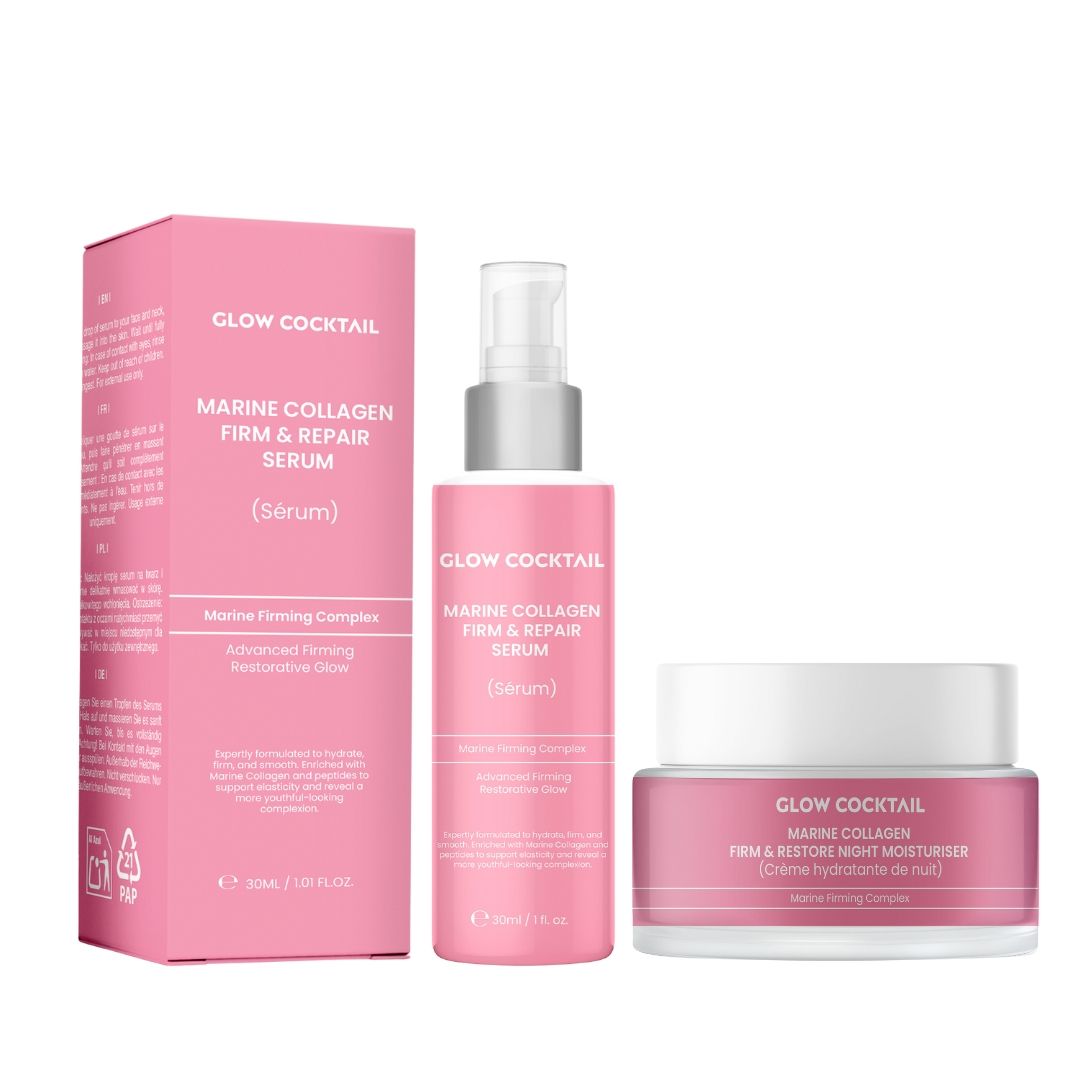 Confezione rosa con due prodotti: flacone con erogatore e vasetto. Scritta: Glow Cocktail, Marine Collagen. Nomi dei prodotti.