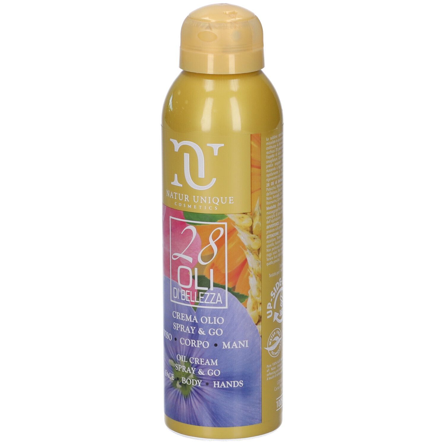 Flacone spray giallo con design floreale. Scritta: Natur Unique, 28 Oli di Bellezza, Spray & Go. Per viso, corpo e mani.
