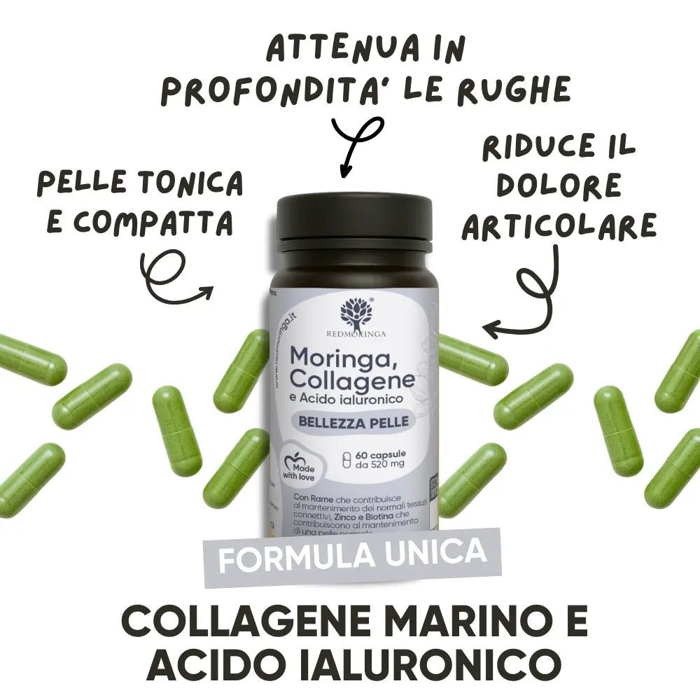 Flacone di capsule. Testo: RedMoringa, Moringa Collagene e Acido Ialuronico. Capsule verdi intorno al flacone. Testo sui benefici.