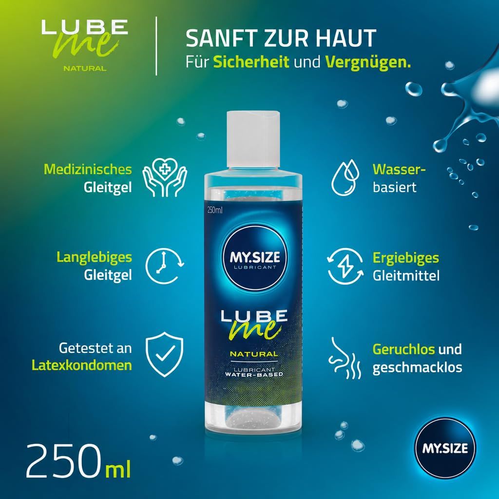 Flacone di lubrificante 'MY.SIZE LUBE ME NATURAL', 250ml. Medico, a base d'acqua, efficiente, testato sul lattice.
