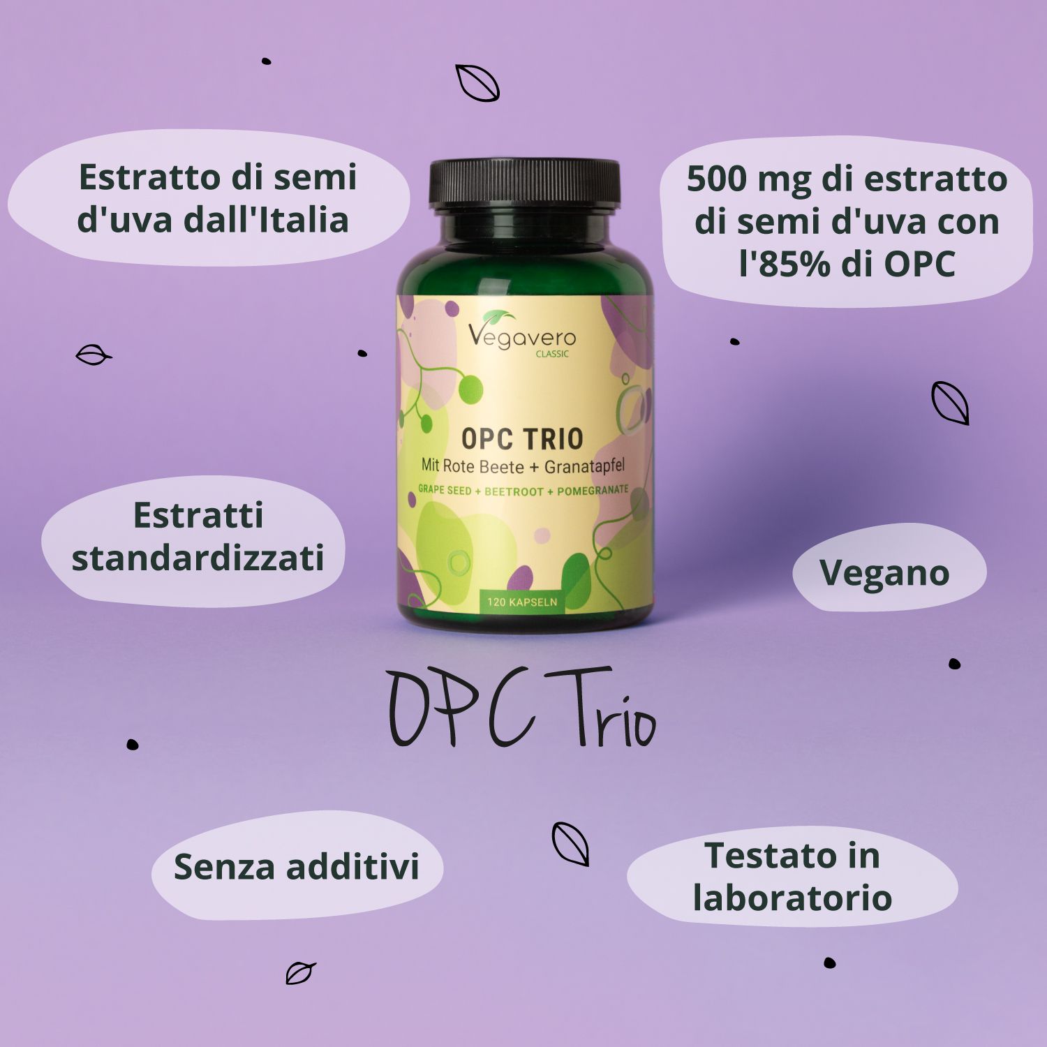 Bottiglia OPC Trio circondata da caselle di testo. Testo: Estratto di semi d'uva italiani, vegano.
