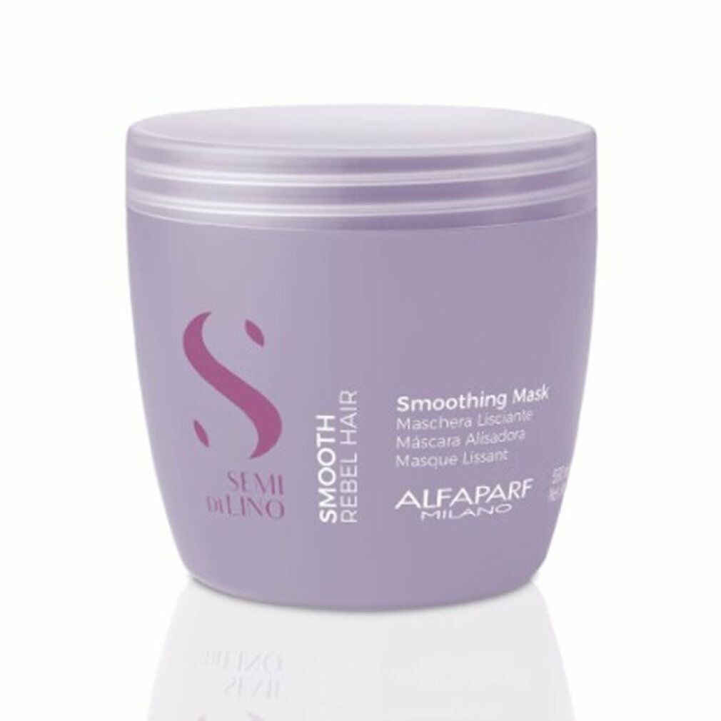 Vaso lilla con coperchio. Scritta: Semi Di Lino, Smooth Rebel Hair, Smoothing Mask, Alfaparf Milano.