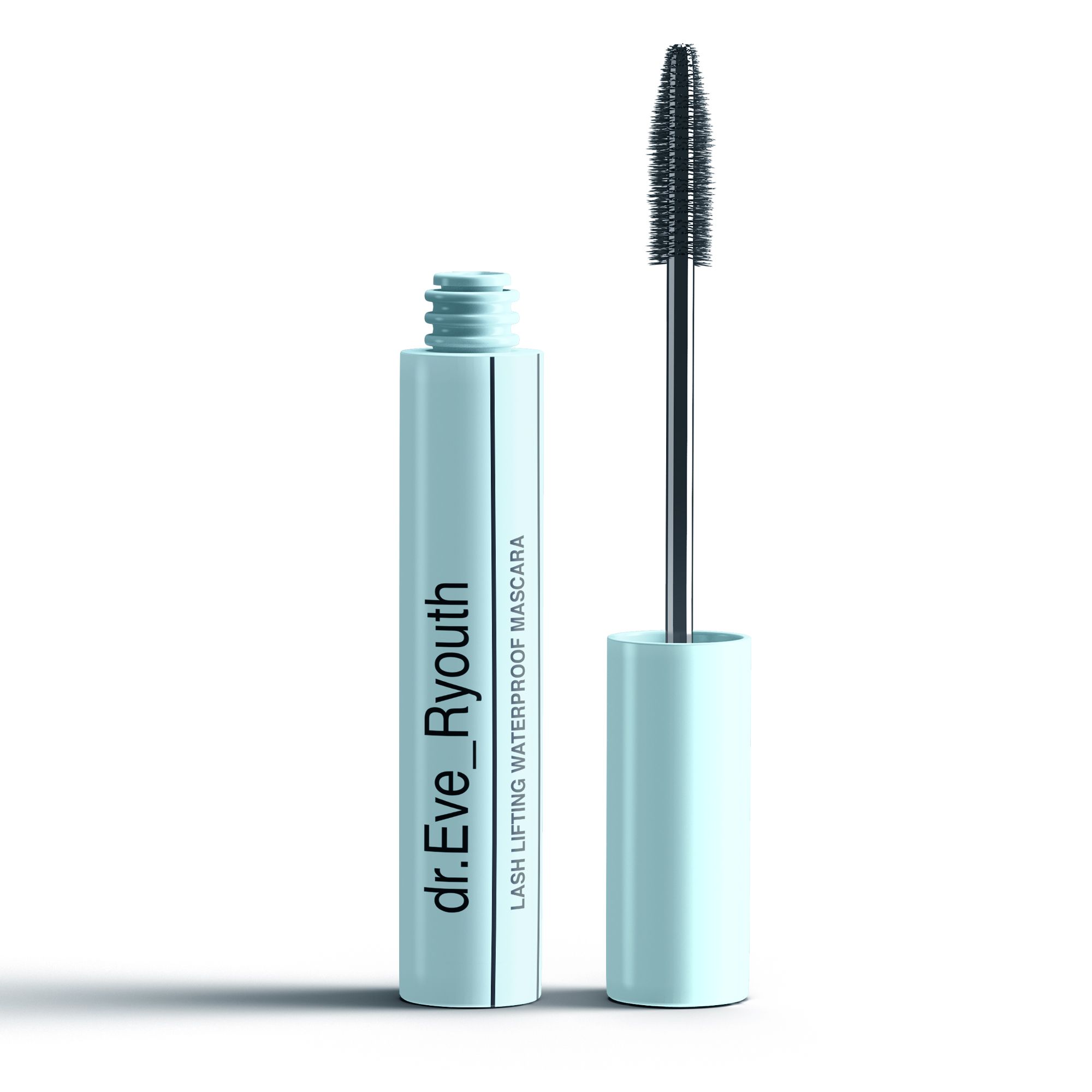 Tubo di mascara azzurro con spazzola. Scritta: LASH LIFTING WATERPROOF MASCARA. Marchio: dr.Eve_Ryouth.