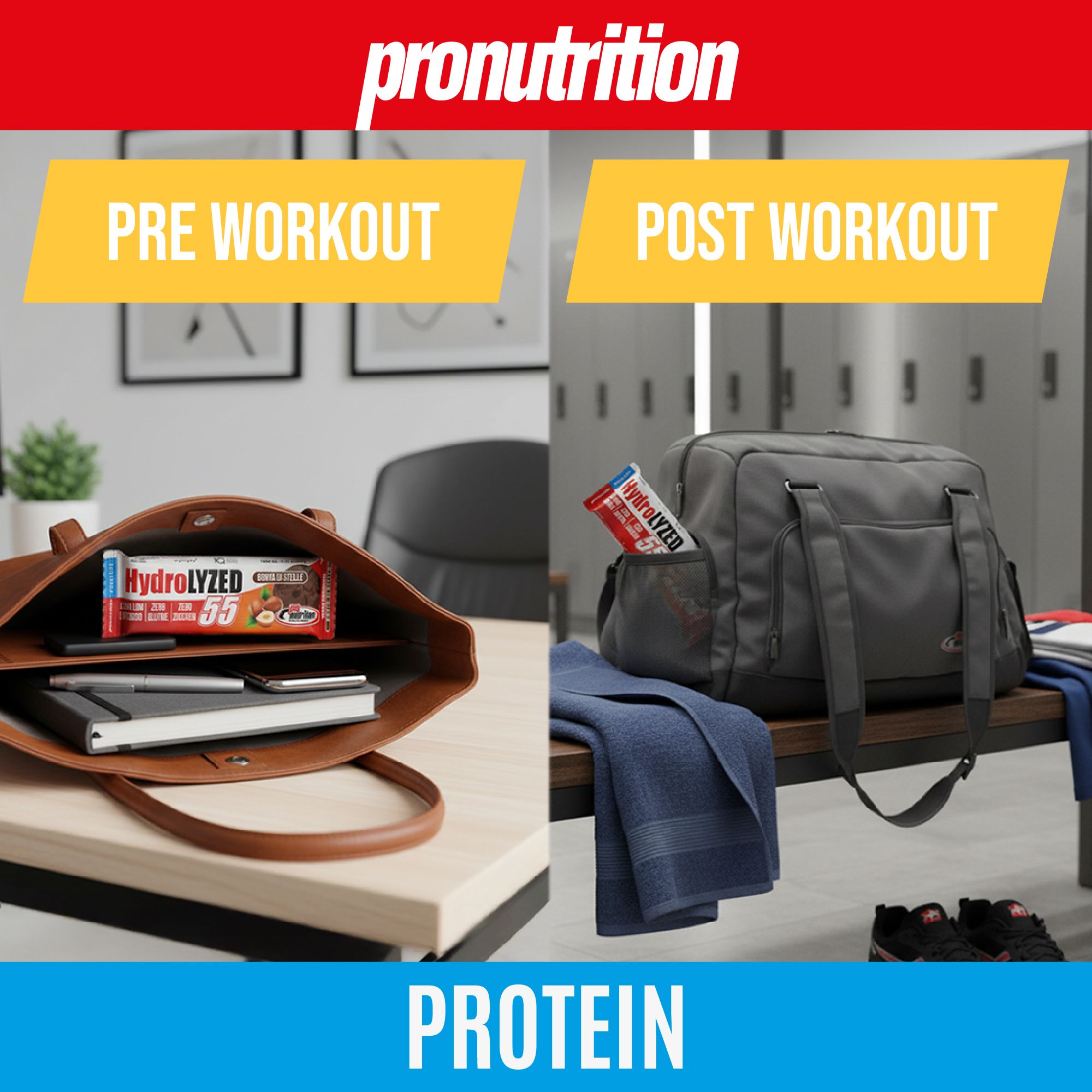 Barretta proteica in una borsa e una borsa sportiva. Scritta Hydrolyzed 55. Prima e dopo l'allenamento.