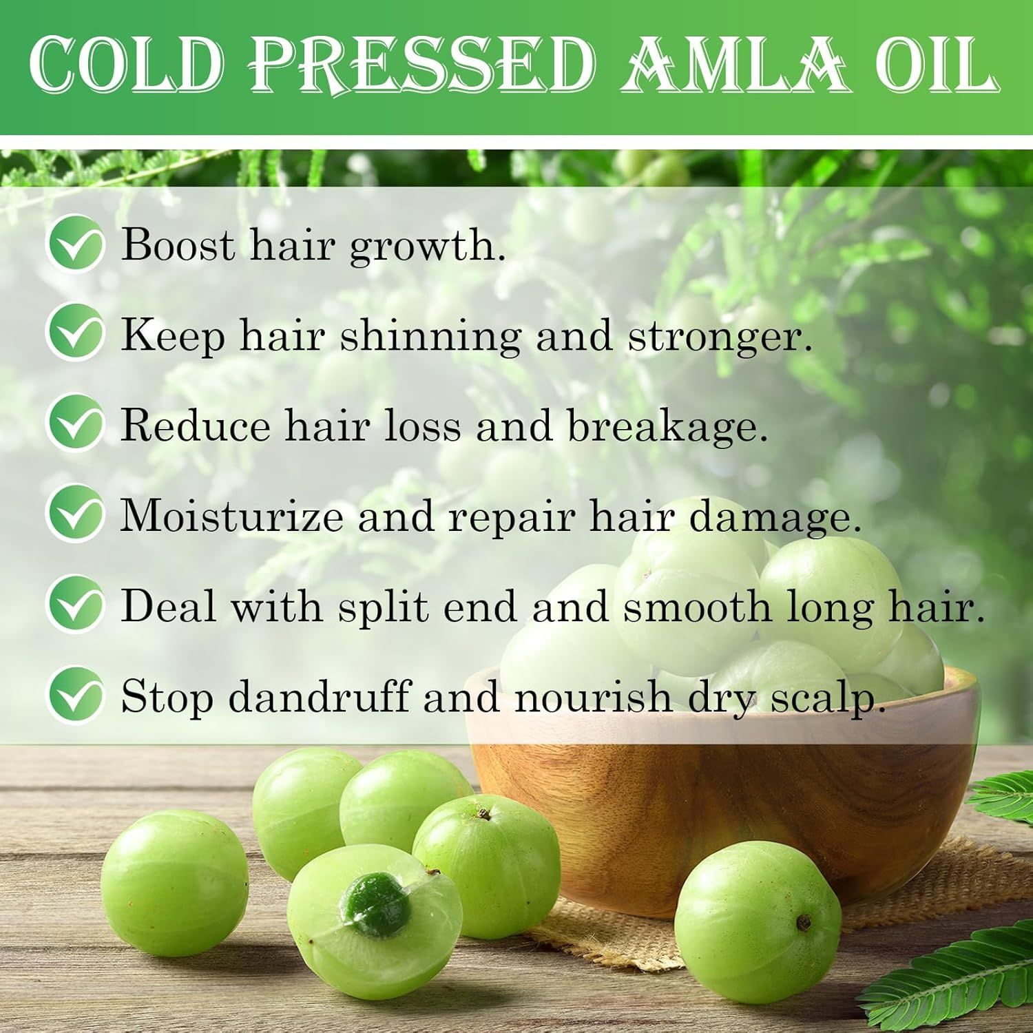 Ciotola di legno con frutti di Amla verdi. Testo: Cold Pressed Amla Oil. Boost hair growth, Keep hair shinning and stronger, Reduce hair loss.