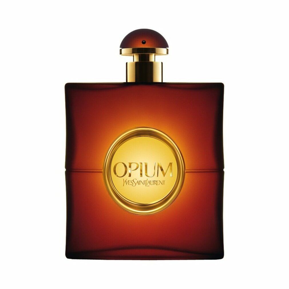 Flacone rosso scuro con tappo dorato. Sul flacone sono presenti le scritte "OPIUM" e "Yves Saint Laurent".