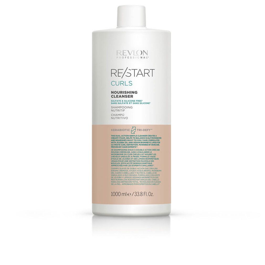 Flacone bianco con tappo a vite. Scritta Revlon Re-Start Curls. Testo in inglese e spagnolo. Striscia beige.