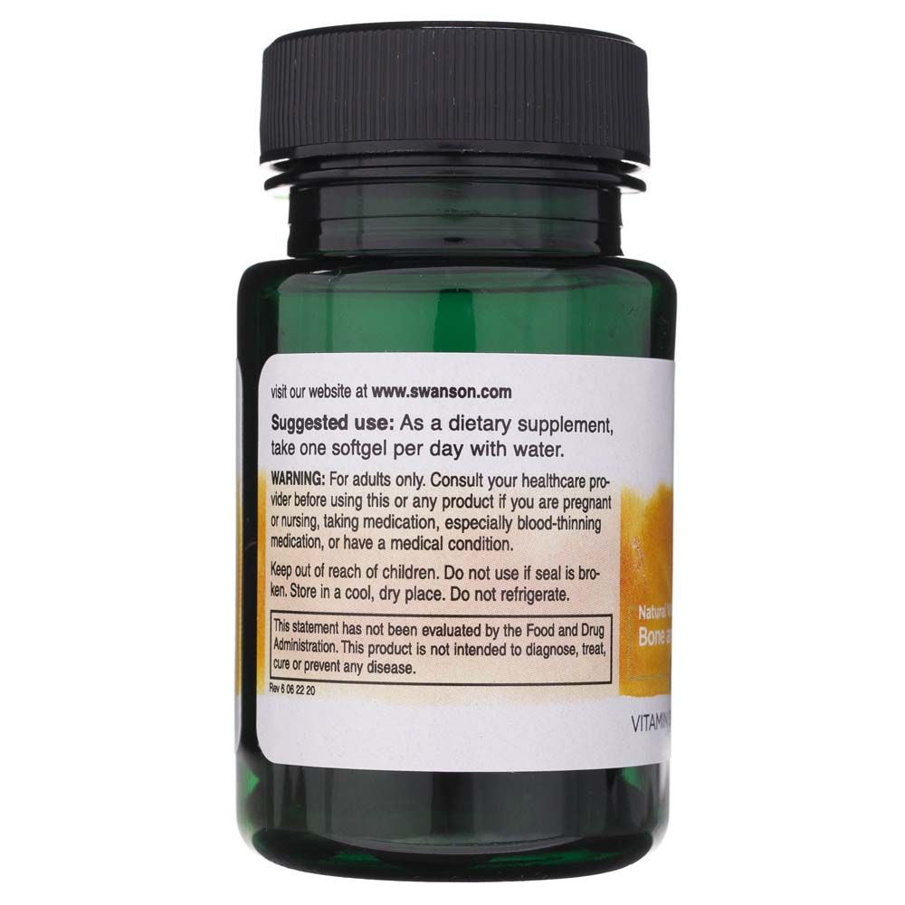 Retro di un flacone verde di softgel di Vitamina K2 Swanson. Include istruzioni per l'uso e avvertenze.
