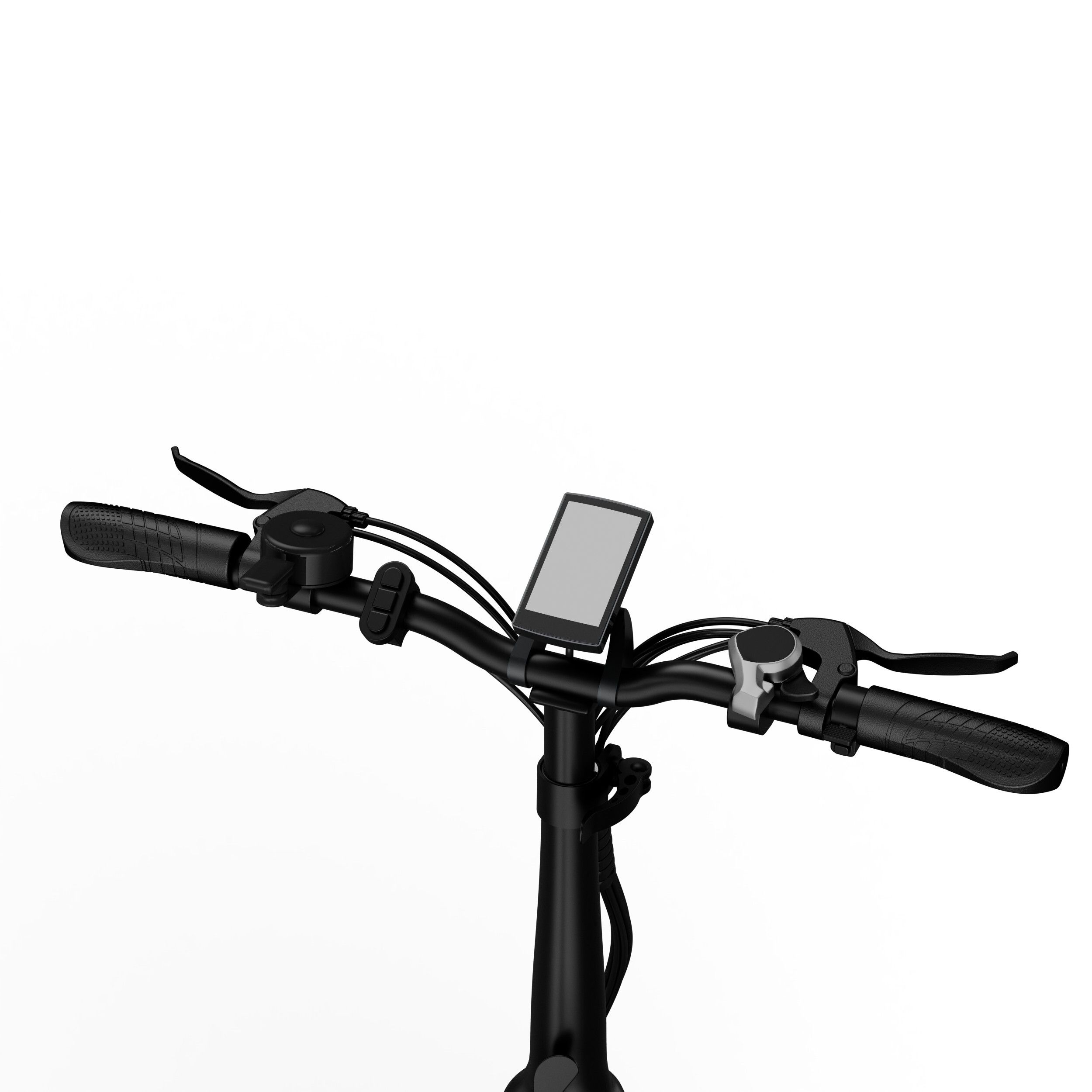 Manubrio nero con leve freno e display. Montato sul manubrio.