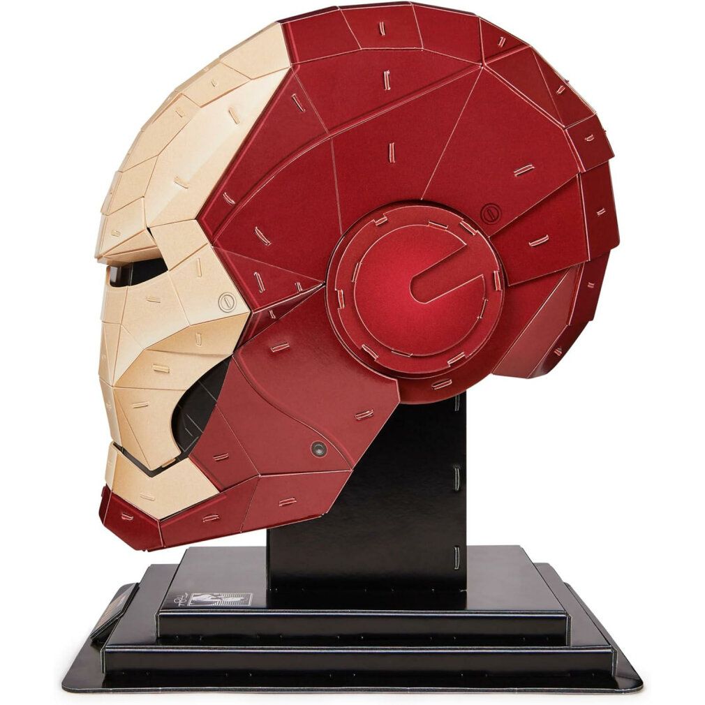 Puzzle Casco Iron Man, rosso e beige. Su base nera. Vista laterale.