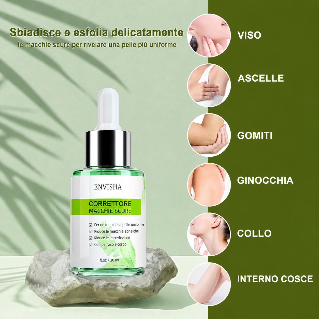 Flacone di vetro verde con contagocce. ENVISHA Corrector Oil. Aree: viso, ascelle, gomiti, ginocchia, collo, cosce.