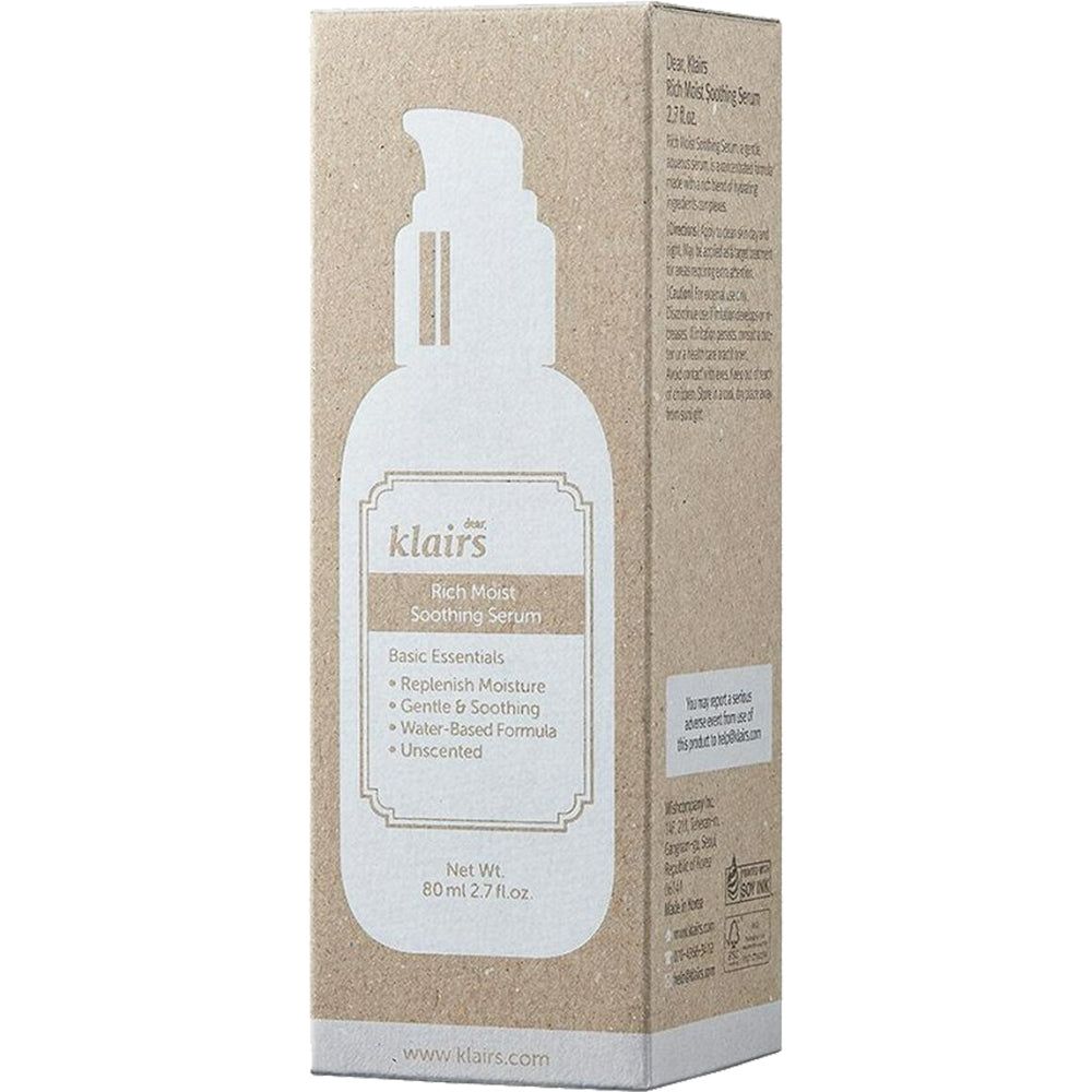 Confezione del siero lenitivo Rich Moist di Klairs. Scatola di cartone con disegno del flacone.