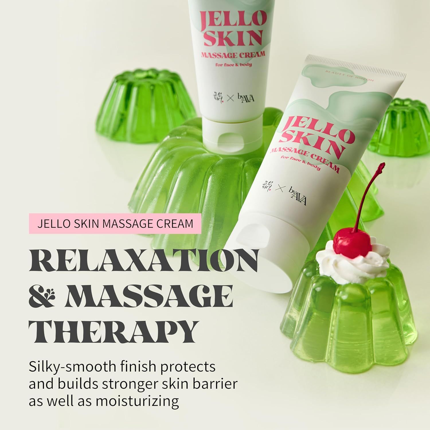 Diversi dessert di gelatina verde. Due tubi di "Jello Skin Massage Cream". Testo: Relaxation & Massage Therapy.