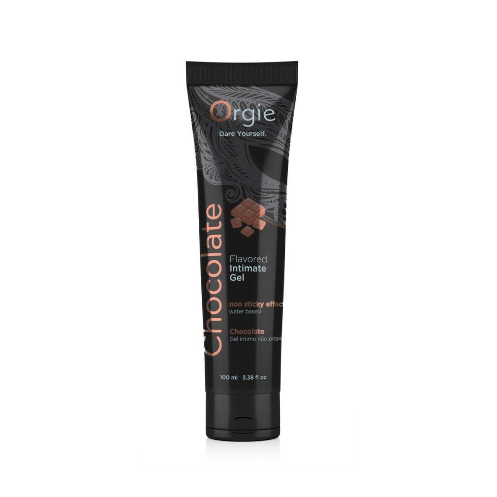 Tubo nero con nome del prodotto e immagine cioccolato. Marchio: Orgie. Testo: Chocolate, Flavored Intimate Gel.