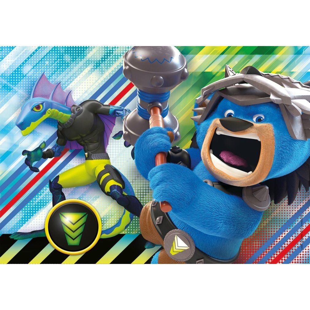 Pezo di puzzle con orso blu con martello e drago giallo. Sfondo con strisce colorate e logo.