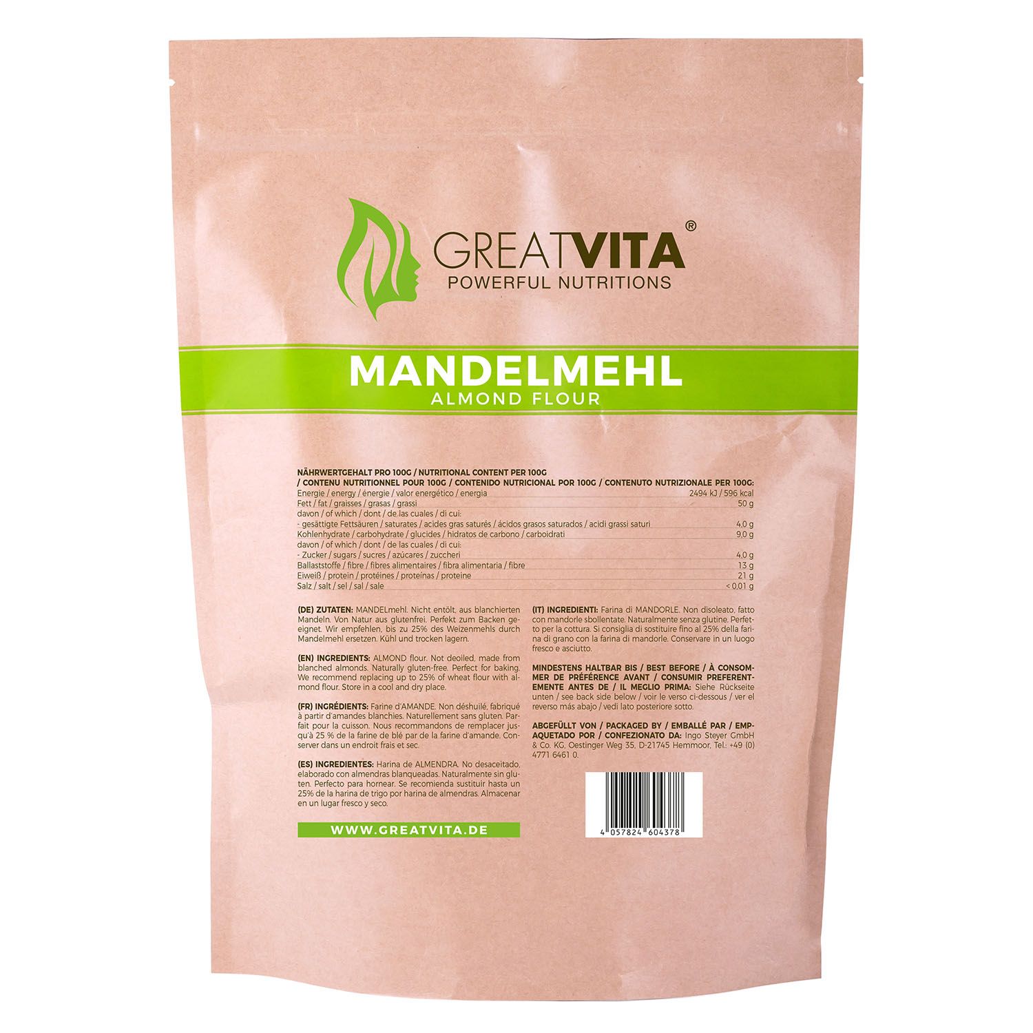 Confezione di farina di mandorle GreatVita. Scritta verde e bianca su carta marrone. Contiene informazioni nutrizionali. Testo: Mandelmehl, Almond Flour.