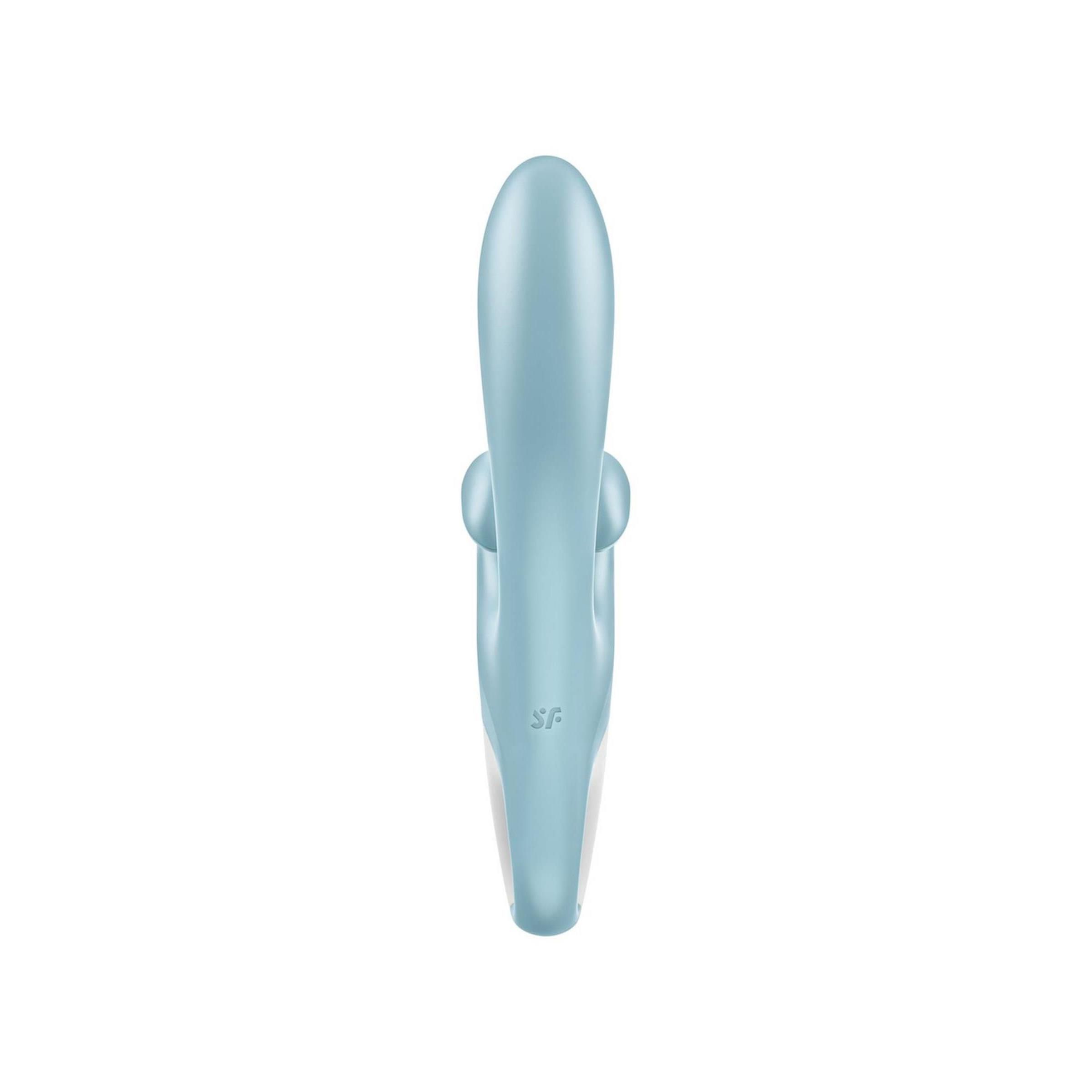 Massaggiatore blu chiaro dalla forma ergonomica con due bracci flessibili e un accento bianco.