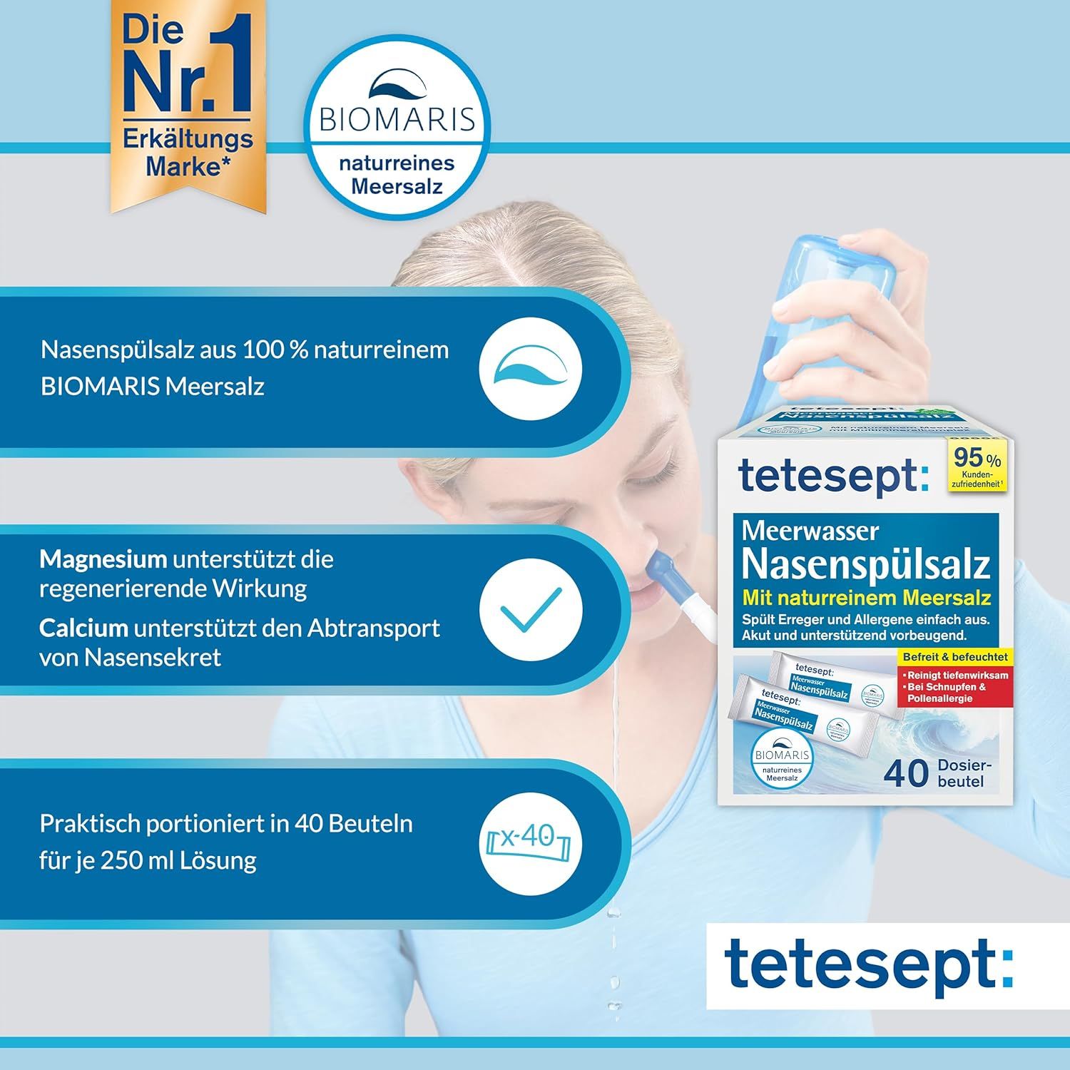 Confezione di tetesept Meerwasser Nasenspülsalz. Contiene 40 bustine. Testo: Sale per risciacquo nasale con sale marino naturale BIOMARIS.