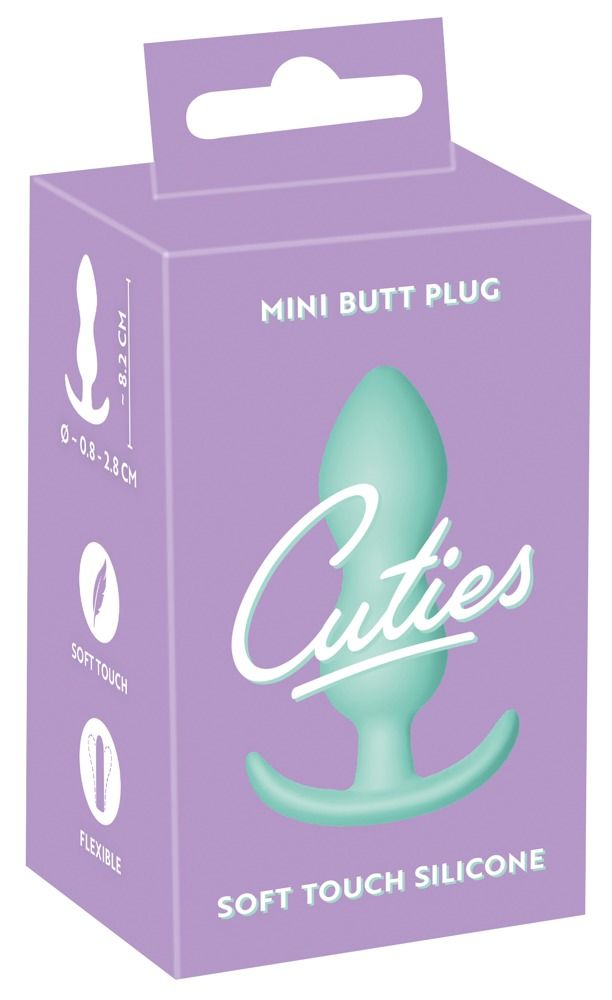 Confezione con un mini-plug anale in silicone verde menta, dimensioni circa 8,2 cm.