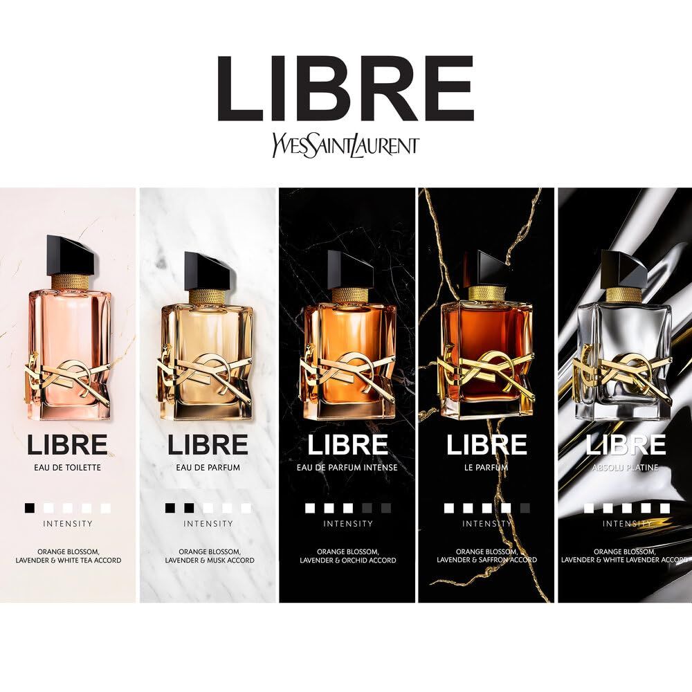 Cinque flaconi di profumo. Diverse fragranze con colori e nomi differenti. Logo YSL in alto.