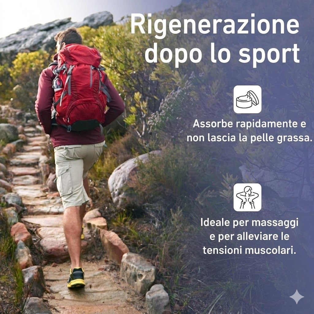 Uomo con zaino su sentiero. Testo: Rigenerazione dopo lo sport. Immagine del prodotto.