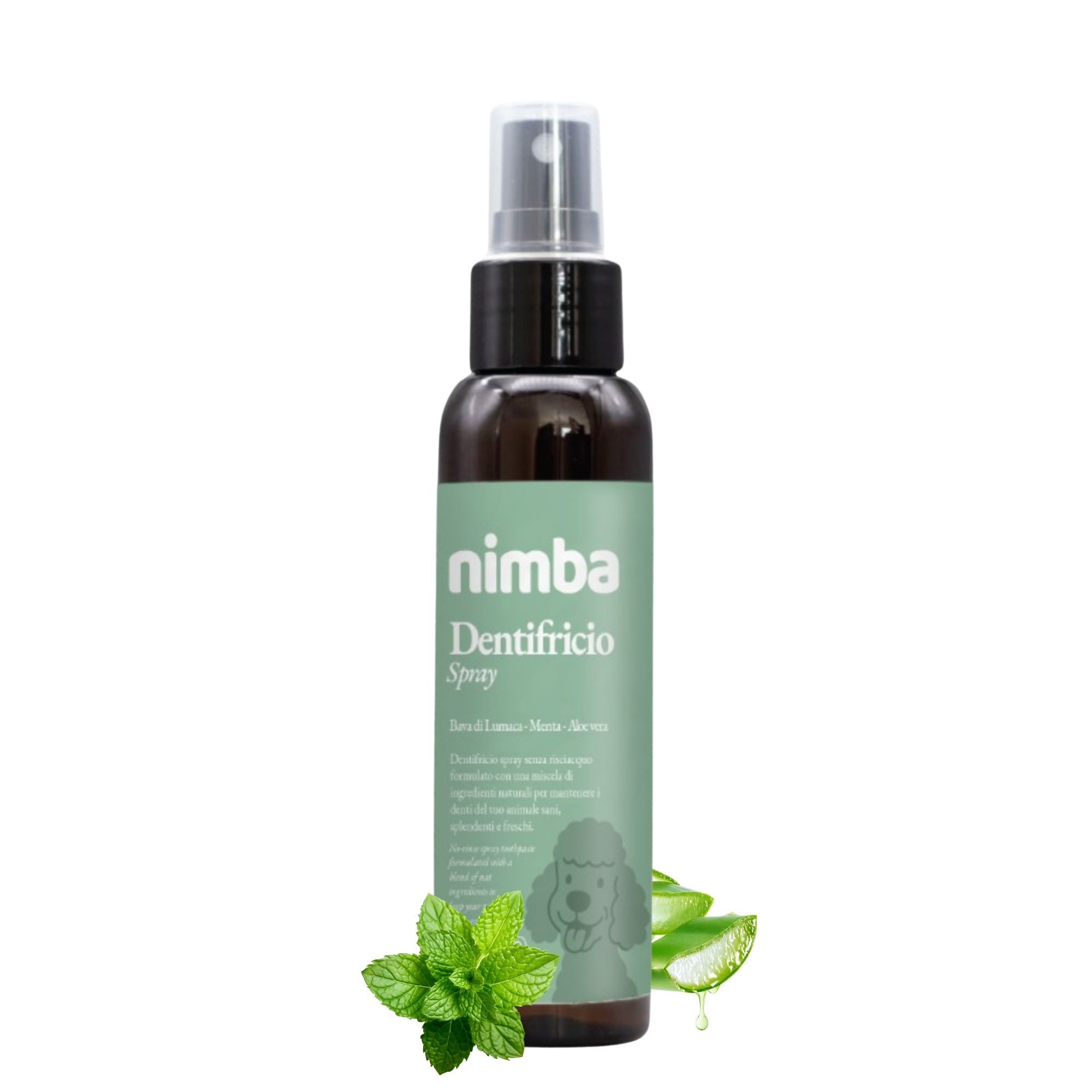 Flacone spray marrone con etichetta verde. Scritta: Nimba Dentifricio Spray. Foglie di menta e aloe vera accanto.