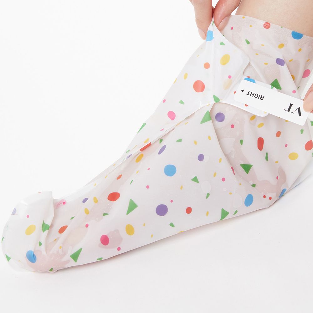 Maschera per piedi in plastica con pois e triangoli colorati. Scritta "RIGHT" e "VT".