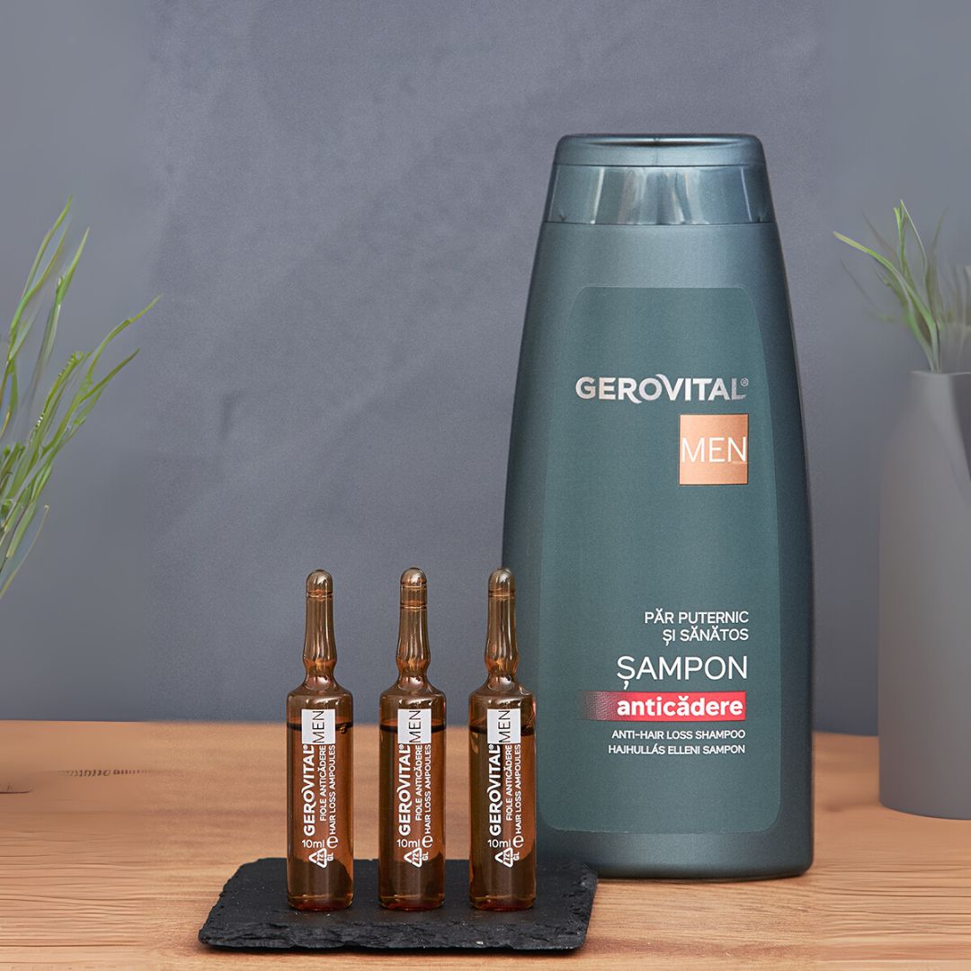 Tre fiale e una bottiglia di shampoo. Le fiale riportano Gerovital Men Fiole Anticadere. La bottiglia riporta Gerovital Men.