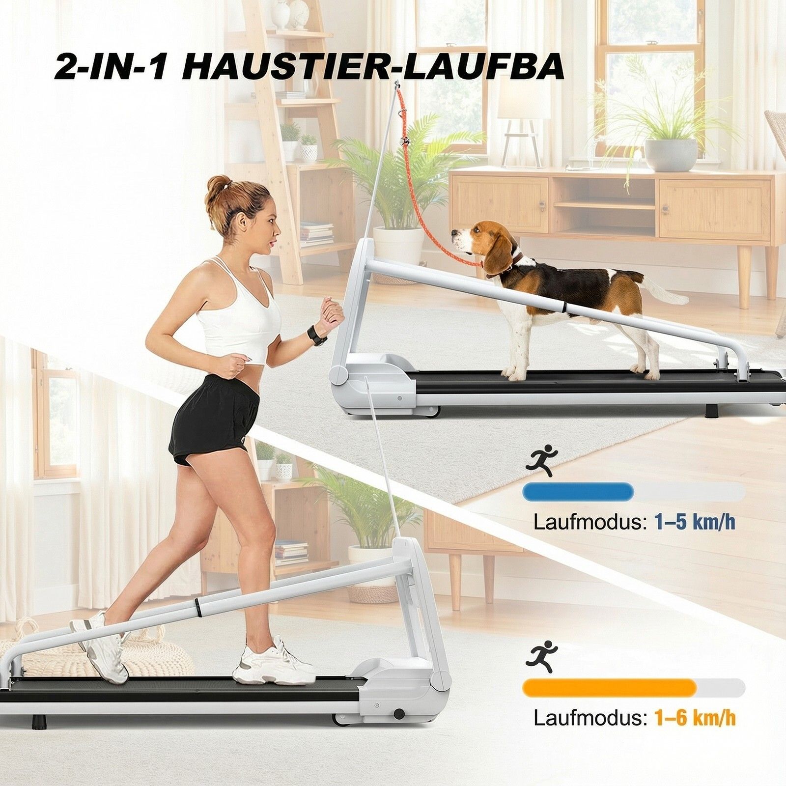 Tapis roulant per cani con donna e cane. Modalità corsa 1-5 km/h e 1-6 km/h. Struttura bianca, superficie nera.