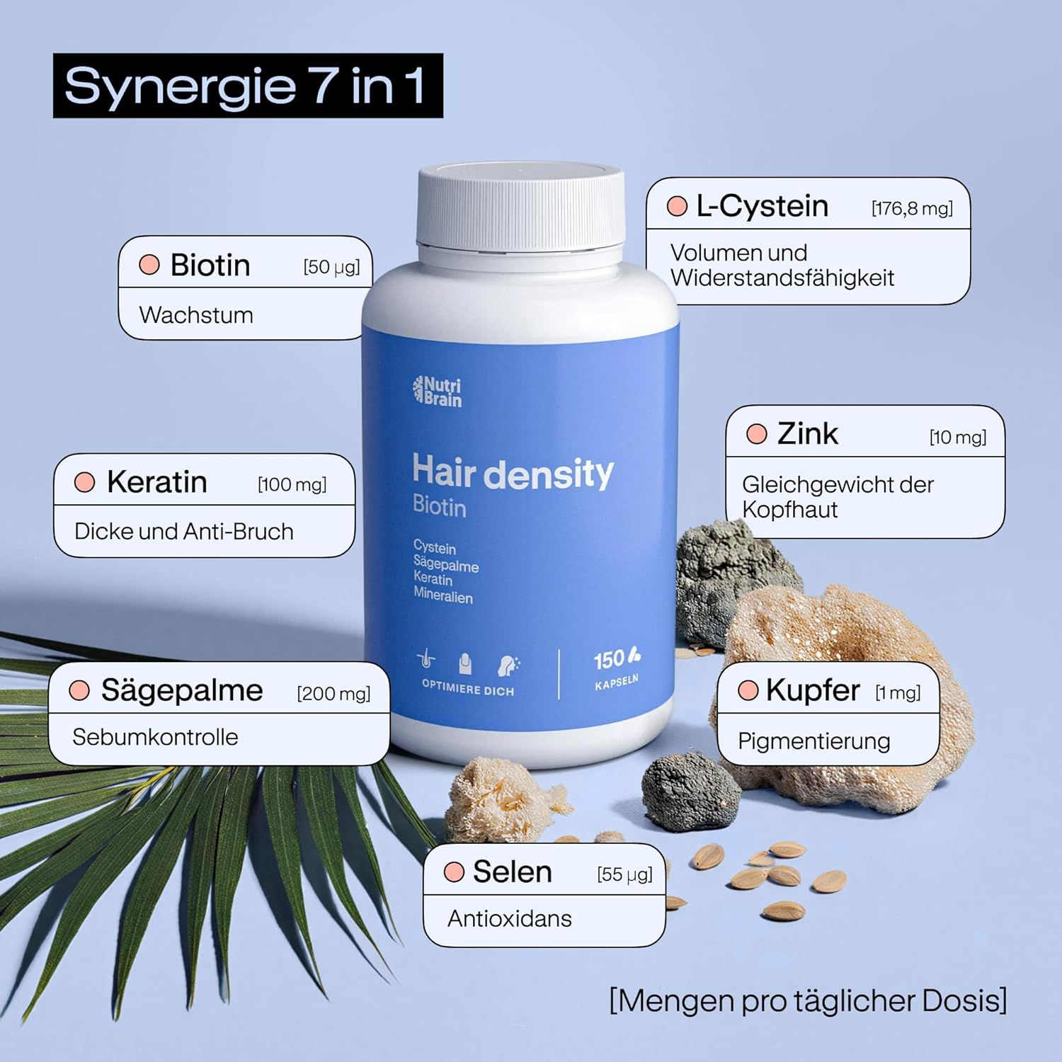 Capsule NutriBrain Hair Density Biotina: 150 capsule. Contiene biotina, cheratina, serenoa repens, selenio, L-cisteina, zinco, rame.