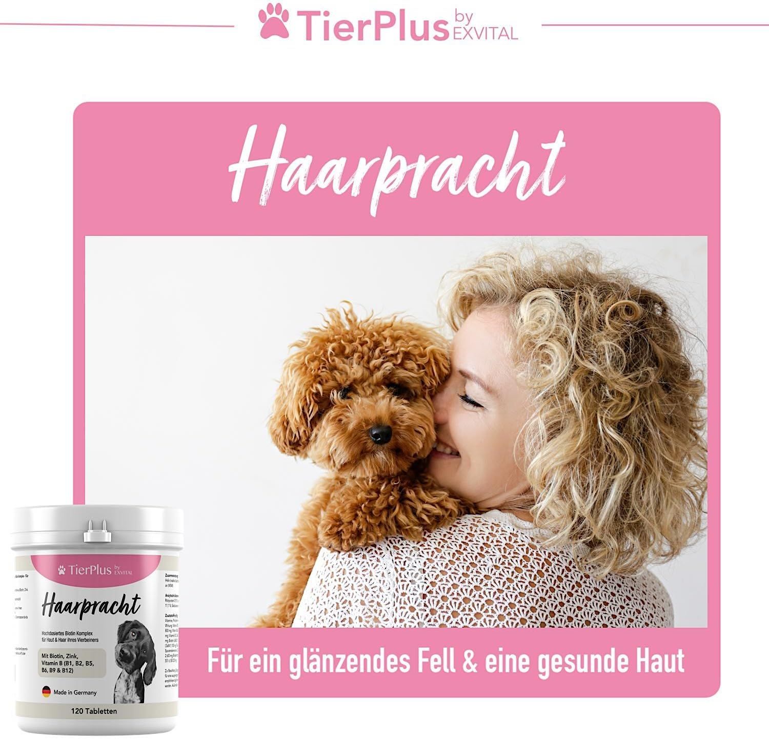 Donna con barboncino e barattolo di compresse TierPlus Haarpracht per un mantello lucido e pelle sana.
